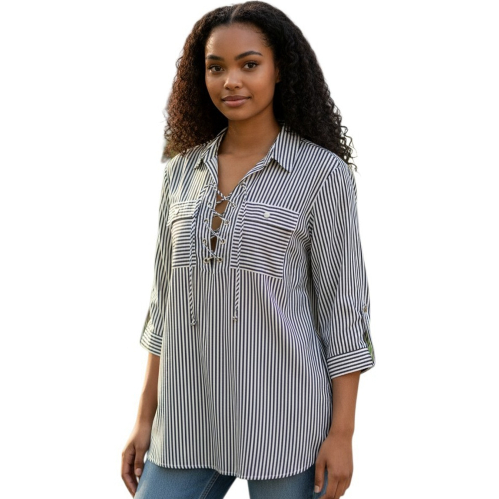 Calvin Klein Women's Black White Striped Front Tie Roll-Tab Pullover Blouse XL